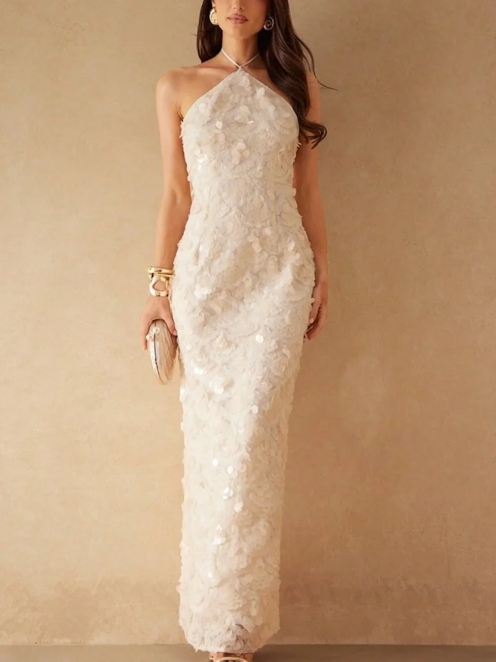 Apricot Sequined Halter-Neck Women's Backless High-Slit maxi Dress